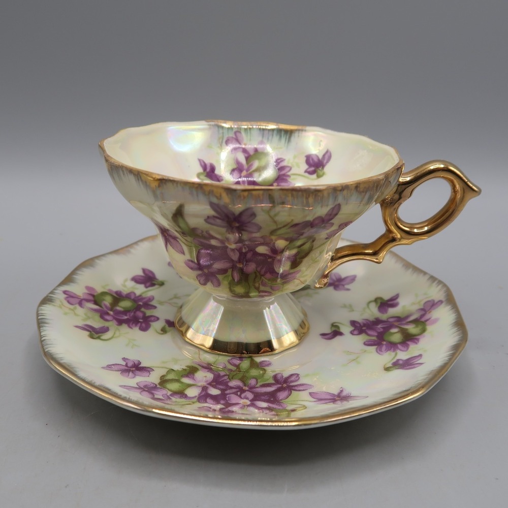 Vintage Lusterware Purple Floral Tea Cup and Saucer Gold trim iridescent